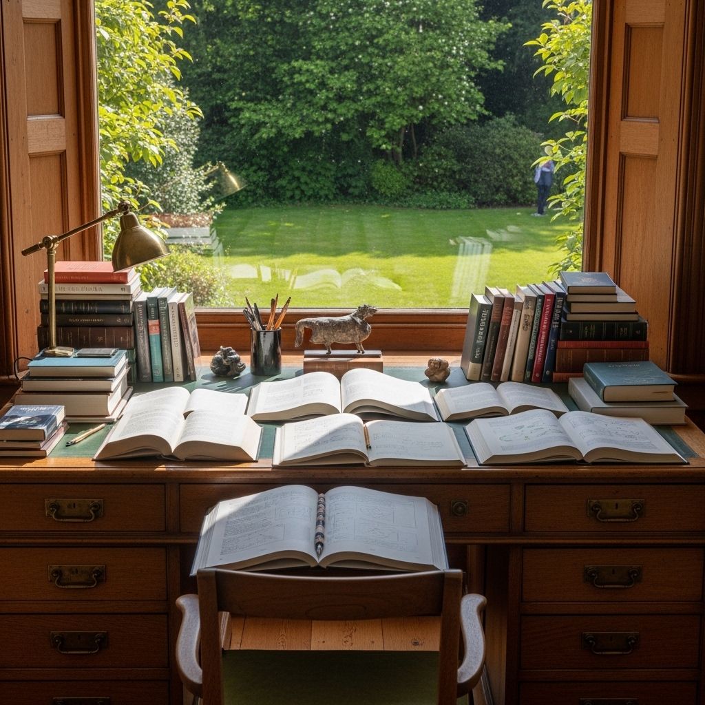 Espace de travail intellectuel avec grande fenêtre donnant sur un jardin verdoyant, bureau en bois massif couvert de livres ouverts et de cahiers de recherche, lumière naturelle abondante créant une atmosphère studieuse, sereine et propice à la réflexion