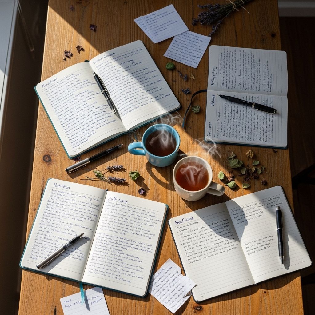 Vue plongeante sur une table de travail en bois avec carnets de notes ouverts, stylos, tasses de thé fumantes et feuilles de notes manuscrites sur la nutrition et le bien-être, lumière naturelle douce provenant d'une fenêtre latérale