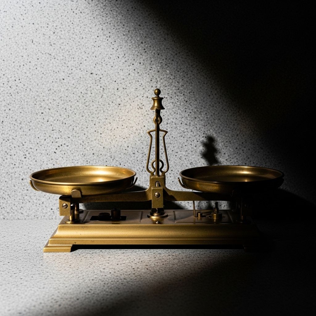 Balance de précision vintage en laiton patiné posée sur un fond de pierre grise texturée, deux plateaux vides parfaitement équilibrés, lumière latérale créant des ombres profondes, métaphore visuelle de l'équilibre et de la mesure scientifique