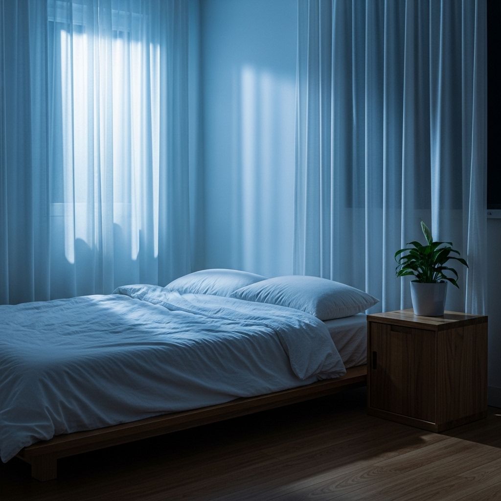 Chambre à coucher minimaliste éclairée par la lumière bleue de la lune filtrant à travers des voilages fins, literie blanche et propre, plante verte sur la table de nuit, atmosphère nocturne sereine évoquant la qualité du sommeil et le repos régénérateur