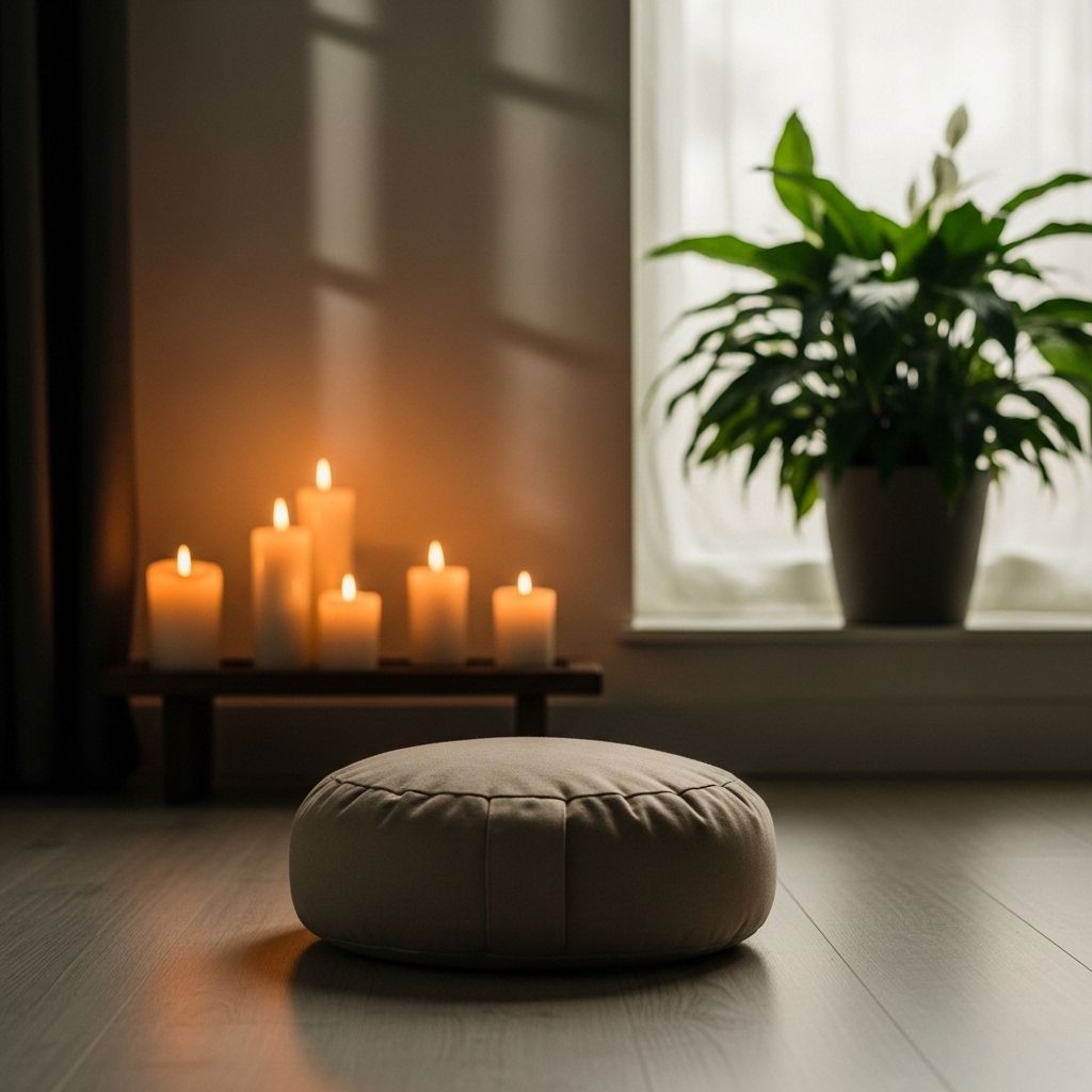 Espace de méditation épuré avec coussin de méditation beige sur parquet en bois, bougies allumées au fond, plante verte sur rebord de fenêtre, lumière naturelle douce créant une atmosphère de calme et de recueillement