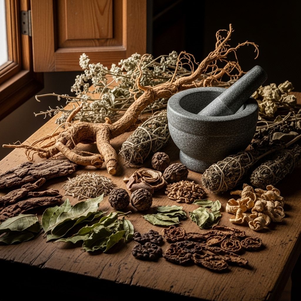 Assortiment de plantes médicinales séchées — racines, feuilles, écorces et graines — disposées sur une table en bois ancien avec mortier en pierre, lumière naturelle tamisée traversant une fenêtre en bois créant des ombres douces