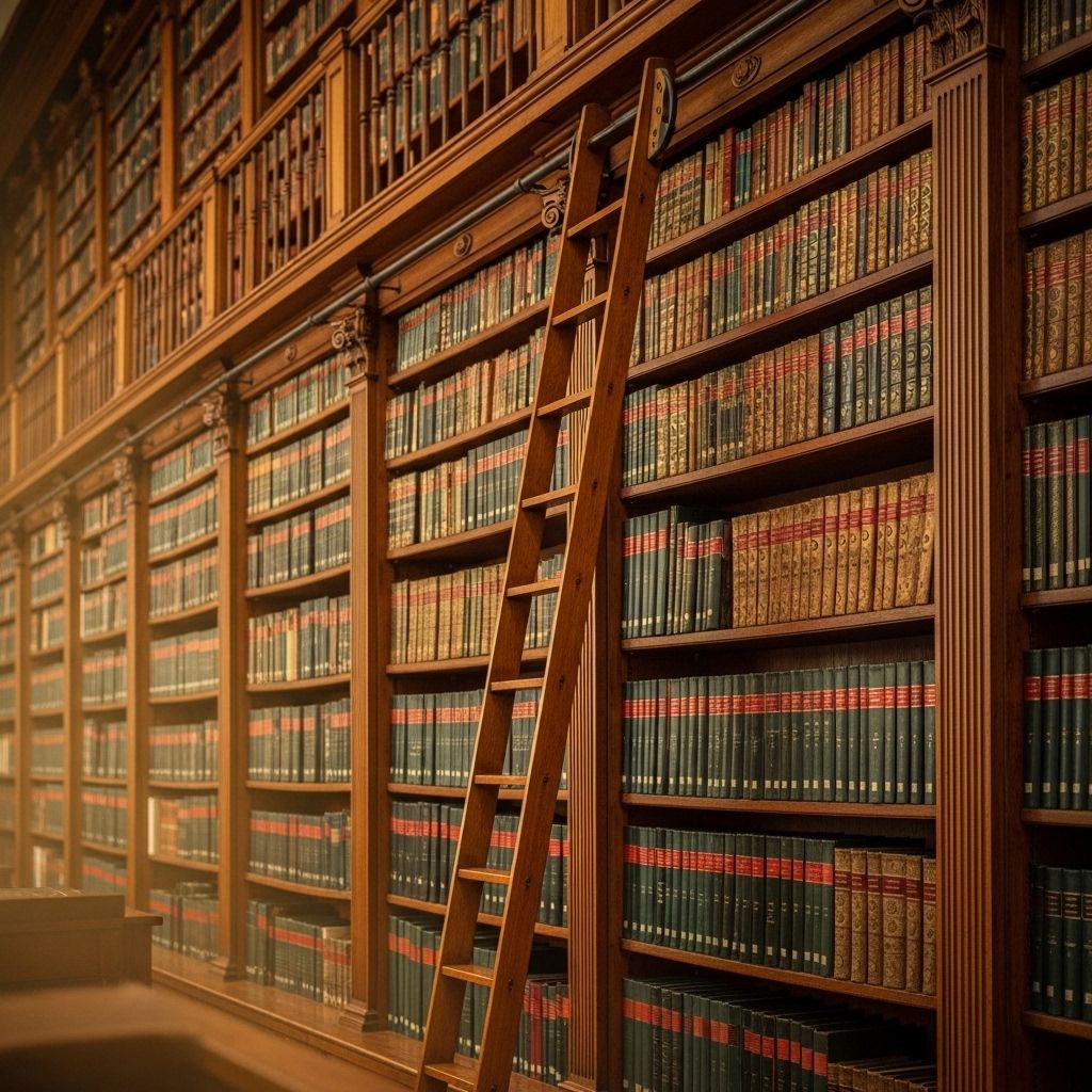 Grande bibliothèque ancienne avec rangées de livres reliés en cuir aux couleurs chaudes, échelle bibliothèque en bois appuyée sur les étagères, lumière dorée filtrant d'une haute fenêtre arquée créant une atmosphère d'érudition et de savoir